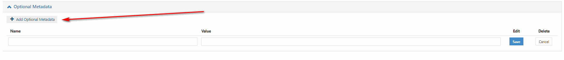 An optional metadata section showing fields to enter a metadata name and value, along with a highlighted Add Optional Metadata link.