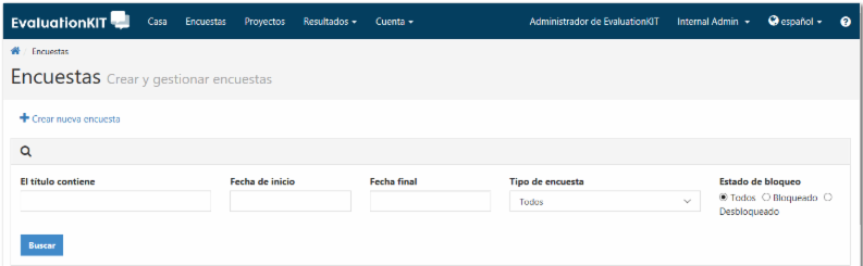 An Encuestas page showing a search section with fields titled ‘El título contiene,’ ‘Fecha de inicio,’ ‘Fecha final,’ ‘Tipo de encuesta,’ and ‘Estado de bloqueo,’ along with a ‘Crear nueva encuesta’ link and a ‘Buscar’ button.