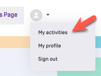 Help Center profile menu with an arrow pointing to the "My activities" option.